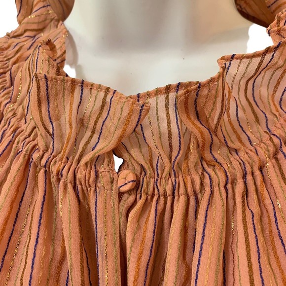 Rebecca Taylor XL Blouse Margarita Pink Metallic Stripe Lurex Silk Lined Top - Picture 2 of 10